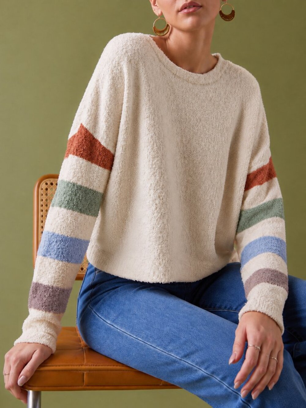 Altar'd State Fuzzy Teddy Bear Cropped Sweater Striped Sleeves Cream Medium M